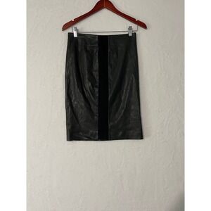 Theory Black Leather Pencil Skirt with Contrast Panel Size 4 Professional Chic